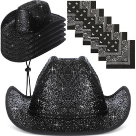 Coume 12 Pcs Adult Cowboy Hat for Women Men Western Glitter Cowgirl Hats with Adjustable Drawstring Cowboy Party Bandana(Glitter Black)