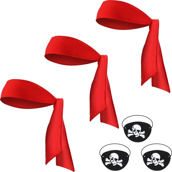 Frienda 6 Pcs Halloween Pirate Party Favor Supplies Include 3 Tie Headband Pirate Head Bandana 3 Black Pirate Eye Patches (Red)