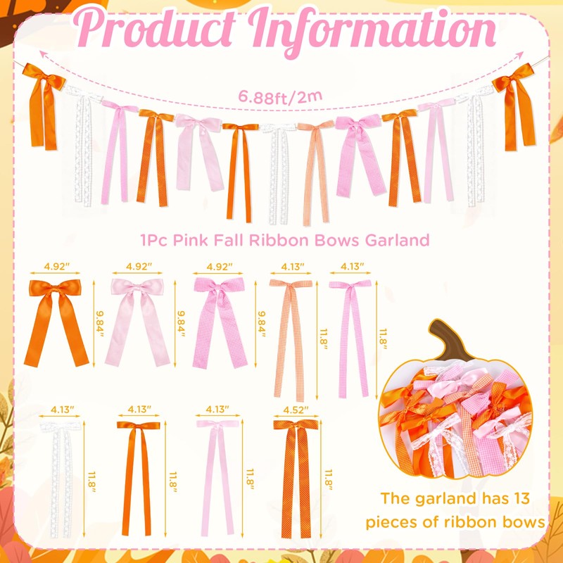 Pink and Orange Fall Bow Garland, Thanksgiving Fall Mantel Bows