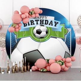 Leyiyi 7.5x7.5ft Happy Birthday Soccer Round Backdrop Cover Sports Themed Soccer Field Round Backdrop Stand Cover for Boys Birthday Baby Shower Party Decor Football Fan Soccer Lover Portrait Wallpaper