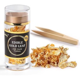 Cobakey Genuine Edible Gold Leaf Flakes - 50mg Edible Gold Flakes for Cake Decoration (Cupcake, Chocolate, Steak, Drink & Cooking), Gold Leaf with Edible Glitter & Wooden Tweezers