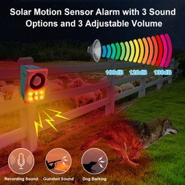 ChunHee Solar Outdoor Motion Sensor Alarm with Dog Barking Gunshot Sound, Support Recording and Adjustable Volume, 130db Motion Detector Alarm with Remote for Chicken coop, Garden, Yard, Farm