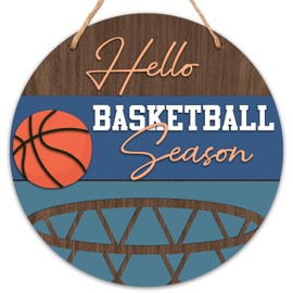 patcate Hello Basketball Season Door Hanger, 12x12 Round Wood Basketball Theme Sign for Rustic Wall Art Decor for Home Decoration, Housewarming Gifts-C17
