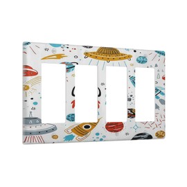 Cartoon Space Rocket Boys Universe Planet 4 Gang Rocker Decora Light Switch Cover Decorative Unique Outlet Covers Wall Plate Electrical Faceplate Switchplate GFCI for Nursery Kidroom Bedroom