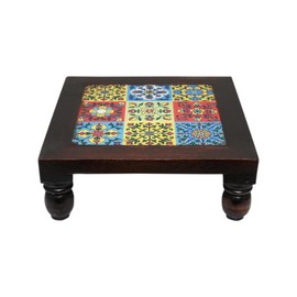 JGARTS 8 inches Small Wooden Wood Chowki with 9 Colorful Tiles Embedded on Bajot Square Shape Decorative Design for Pooja Items