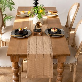 Table Runner Brown 30 x 140 cm Boho Decoration with Macrame Tassels Cotton and Linen Tablecloth for Dining Table Kitchen for Weddings Rustic Country Style Washable Natural Colours