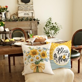 GEEORY Hello Sunshine Summer Throw Pillow Covers 18 x 18 Inch Set of 4, Daisy Sunflowers Home Sweet Home Polka Dot Decorative Pillow Cases Farmhouse Sofa Decor G706-18