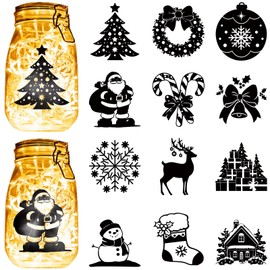 CREATCABIN 12Pcs Christmas Silhouettes Mason Jar Decor PVC Laser Die Cut Silhouettes Elk Cutouts Scrapbook Cardboard Silhouette Ornaments for Jars Lantern Frosted Window Glass 4x3.5Inch-No Sticker