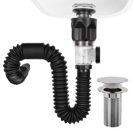 Bathroom Sink Drain Kit, with Flexible Expandable P-Trap Sink Drain Pipe, Fits 1-1/4",1-1/2" and 2'' Drain Hole, Built-in Anti-Clogging Stopper, Anti-Odor Bathroom Sink Drain
