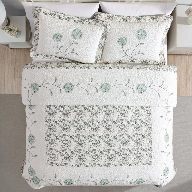 Beatrice Home Fashions Carnation Floral Embroidered Quilted Bedspread, Lightweight, All-Seasons,