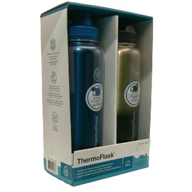 ThermoFlask Stainless Steel Water Bottle, 40 oz, 2-Pack (Silver/Blue Brushed)