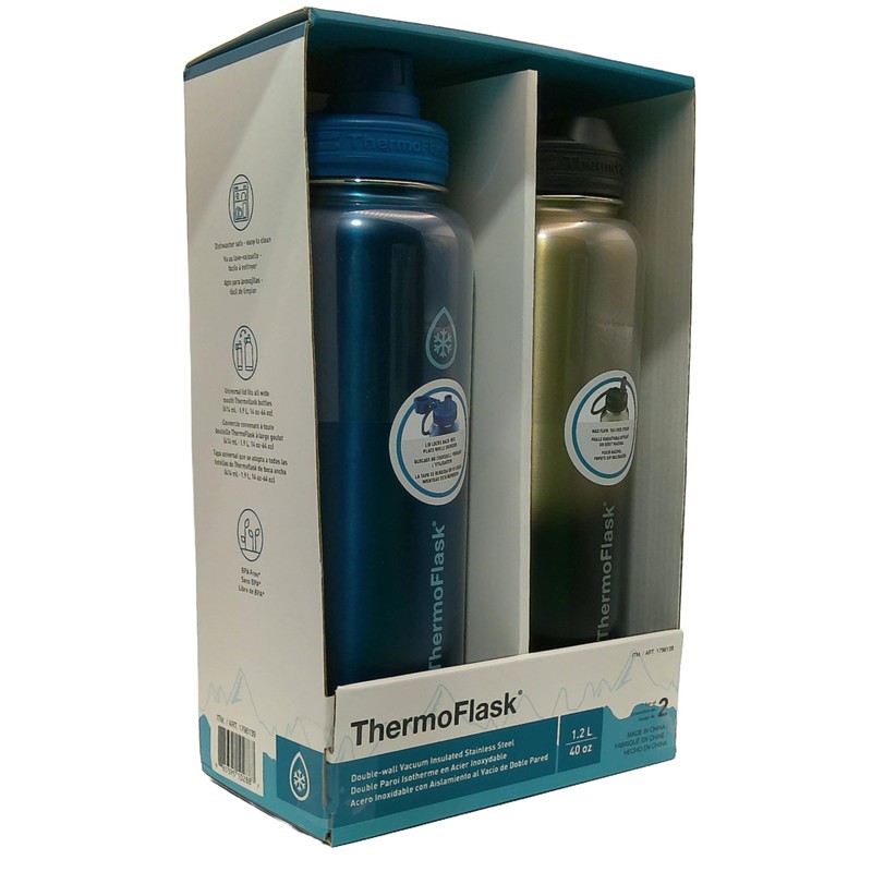 ThermoFlask Stainless Steel Water Bottle, 40 oz, 2-Pack (Silver/Blue Brushed)