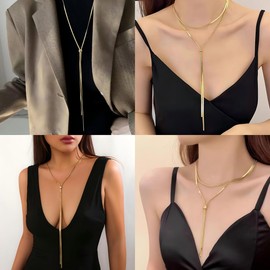 Extra Long Gold Statement Necklace for Women,Trendy Adjustable Herringbone Chain Lariat Y Necklace,Fashion Layered Sweater Necklace Neck Accessories (Golden)