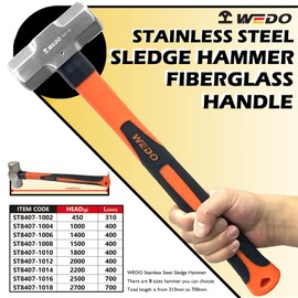 WEDO Sledge Hammer,5lb Stainless Steel Crack Hammer With Fiberglass Handle,Length 400mm,Shock-resistant,Corrosion Resistant Drilling Hammer
