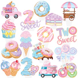 Donut Two Sweet Birthday Party Decorations 48pcs Donut Cupcake Toppers Donut Ice Cream Party Cupcake Topper Decorations for Girls 2nd Birthday Party Baby Shower Supplies