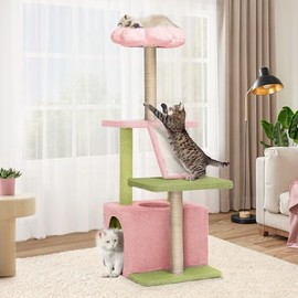 YITAHOME Flower Cat Tree Tower with Detachable Perch, 47.2in Cute Cat Climbing Tower for Indoor Cats with Cat Condo, Sisal Scratching Posts and Board,Pink and Green