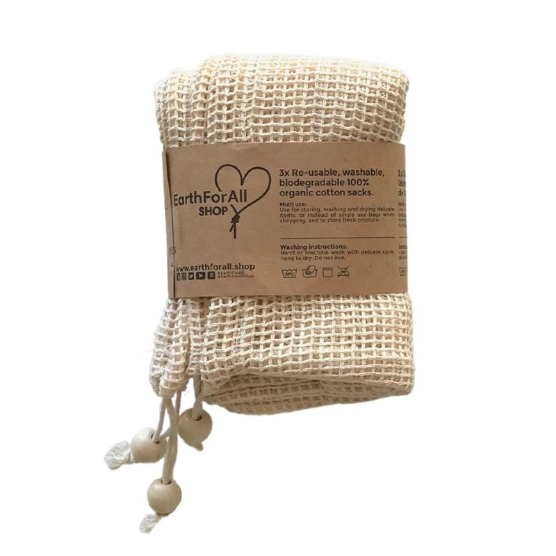 EarthForAll Organic Cotton Mesh Bags Pack of 3 Cream Utility,