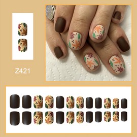 Short Press on Nails Square Fake Nails with Maple Leaf Designs Fall Acrylic False Nails Cute Brown Autumn Leaves Press on Nails Glossy Stick on Nails Reusable Artificial Nails for Women Girls - 24Pcs