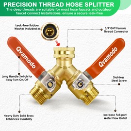 Hose Splitter 2 Way Heavy Duty Garden Hose Splitter, Full Flow Spigot Splitter with Stainless Steel Long Handle, 3/4" GHT Thread Y Valve Water Hose Splitter,Outdoor Faucet Hose Connector with Shutoff