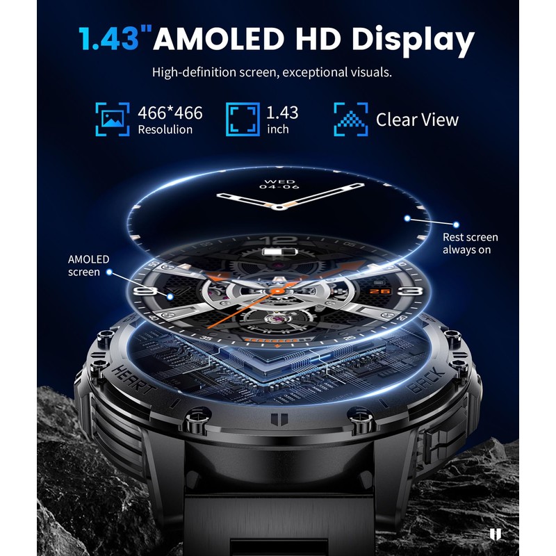 Military Smart Watches for Men(Answer/Make Calls) with LED Flashlight,530mAh Large