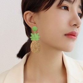 Chanaiqw Rattan Funny Pineapple Fruit Dangle Earrings for Women Cute Pineapple Statement Love Trendy Earrings Jewelry (Brown)