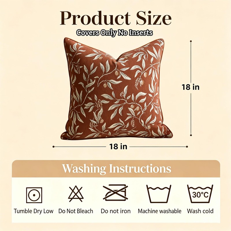 Terracotta Chenille Jacquard Botanical Fall Throw Pillow Covers 18x18 2