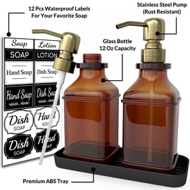 LMQML Soap Dispenser - 2 Pack, Antique Design Thick Amber Glass Hand Soap Dispensers with Sturdy Tray; 304 Rust Proof Stainless Steel Black Pump, 12Pcs Stickers, for Kitchen, Bathroom - Brushed Gold