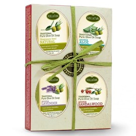 Kalliston, Olive Oil Soap Gift Set, Lavender, Rose, Jasmine, & Natural Aromas, All Natural Soaps, Made in Ancient Crete, Greece, Pack of 4
