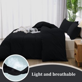 ATsense Duvet Cover Queen Size, 100% Washed Cotton, Linen Feel, Black Comforter Cover, 3 Pieces Bedding Set, Soft and Breathable, Premium Luxury Hotel Style, Farmhouse Style