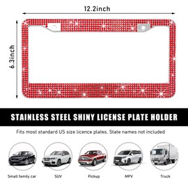 Ohleats Car License Plate Frame, Sparkling Stainless Steel License Plate Frame, Bling Diamond License Plate Holder Cover for Women Men, Universal Exterior Car Accessories (Red)