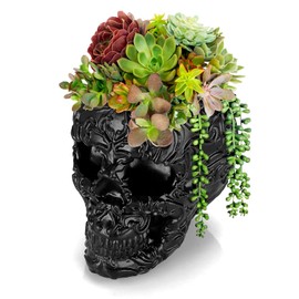 Maceta de Cráneo de Resina OwnMy para Plantas de Interior, Maceta de Flor de Cráneo Negro para Suculentas con Orificios de Drenaje, Maceta Decorativa de Cráneo de Halloween para Suculentas Pequeñas en