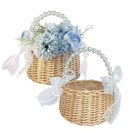 Juego de 2 cestas para niña de flores, pequeñas cestas de flores tejidas a mano con mango de perla, lazo de cinta y forro de plástico para niña de flores, mimbre ratán rústico cestas de boda para