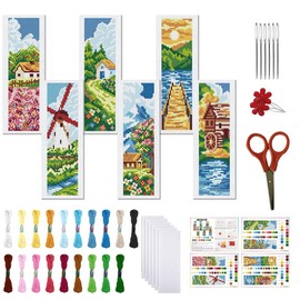FREEBLOSS 6 Set Cross Stitch Bookmark Kit Stamped Cross Stitch Kit Rural Scene Stamped Embroidery Bookmark with Instruction Cross Stitch Kits for Adults DIY Bookmark Kit 8''x2.4''