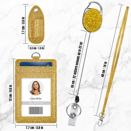 Retractable ID Badge Holder, Multipurpose Bling Rhinestone Badge Reel with Belt Clip Key Ring, Shiny PU Leather Badge Holder with Lanyard and Pen Holder for Nurse, Teacher,Office Worker (Gold)