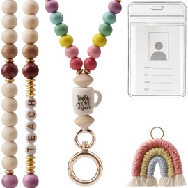 UGELOKI 2025 Super Cute Teacher Lanyard, Wood Bead Lanyards with Id Holder for School Staff, Conference & Educators