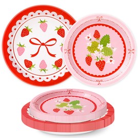 FYSUIMU 50Pcs Strawberry Paper Plates Bow Strawberry Floral Disposable Plates 7 & 9 Inch Red Pink Cute Decorative Dinner Dessert Plates for Wedding Birthday Baby Shower Party Supplies