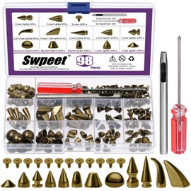 Swpeet 96 Sets 12 Styles Gun-Black Mixed Shape Spikes and Studs Metal Screw Back Bullet Cone Studs and Spikes Rivets Leather Rivets Kit with Installation Tools for DIY Crafts Leather Crafts