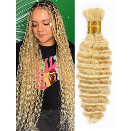 Light Honey Blond Human Braiding Hair Deep Wave Bulk，Honey 613 No Weft Curly Braiding Hair Extensions for Boho Braids Wet and Wavy Braiding Human Hair Bundles(20inch,613,100g)