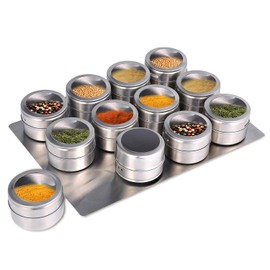 Beeyoka Upgrade Magnetic Spice Jars 12pcs with Wall Mounted,Stainless Steel Spice Tins with Lid and Small Holes for Sprinkle Rust Free Easy to Clean Includes 94 Labeling Stickers by Beeyoka