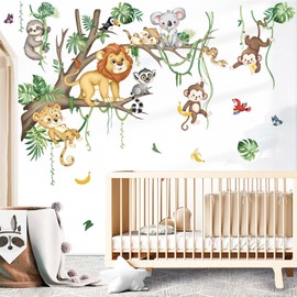 decalmile Large Jungle Animals Tree Branch Wall Decals Safari Lion Leopard Koala Monkey Wall Stickers Living Room Baby Nursery Kids Room Wall Decor(XL)