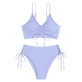 ZAFUL Women Bikini Sets High Cut Two Piece Swimsuits Teen Girl Cheeky Bathing V Neck Drawstring Ribbed Swimwear Purple M