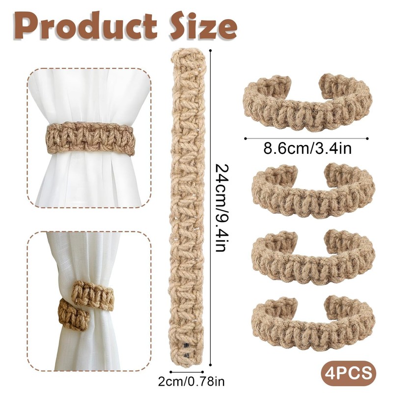 4-Piece Curtain Ties, Curtain Tie Backs Rope with Rustic Charm,