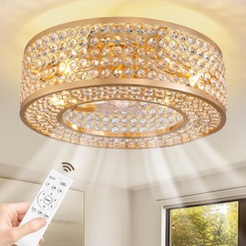 APBEAMLighting 20" Caged Crystal Ceiling Fan with Lights Flush Mount Gold Fandelier Low Profile Chandelier Fan Enclosed Ceiling Fan Light Fixtures with Reversible Motor for Bedroom Kitchen Living Room