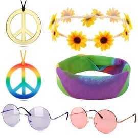 BETESSIN BETESSIN Hippie Kostüm Set 6 Stück Hippie Kostüm Accessoires Vintage inkl. 2 x Hippie Brillen, 2 x Peace Ketten, 1 x Sonnenblumen Haarband und 1 x Hippie Stirnband für 60er 70er Jahre Outfit Damen
