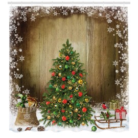 Abakuhaus Christmas Shower Curtain, Pine Tree Presents, Digital Print on Fabric, Includes 12 Hooks, Colourfast, Water-Resistant, Bacteria-Resistant