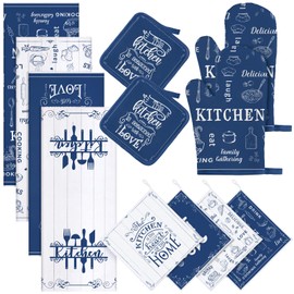 Bencailor 12 Pcs Farmhouse Kitchen Set, Kitchen Dish Towels Oven Mitts and Pot Holders Sets Hand Towels Dishcloths Rustic Pattern Oven Gloves for Home Decorations Baking Cooking Gifts(Blue, White)