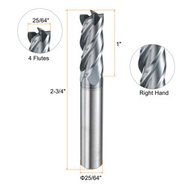 HARFINGTON Carbide Square Nose End Mill Bit 25/64" Cut Dia 4 Flutes TiAlN Coated Milling Cutter for Hardened Steel Metal (25/64" Shank 1" Cut Length 2-3/4" Long 30 Degree Helix HRC53-55)