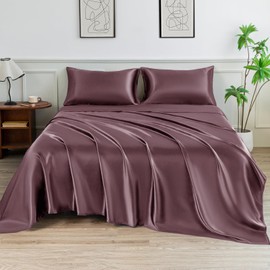 LIFCOM Satin Sheets Twin Size Bed Set,Similar to Silk Sheets,3Pcs Luxury Satin Sheet Set with 15 Inches Deep Pocket (Twin, Rose Taupe)