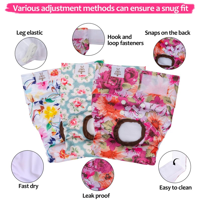 CuteBone Dog Diapers Female 3 Pack Reusable Doggy Diapers with