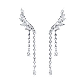 QUKE 925 Sterling Silver Angel's wings Cubic Zirconia Crystal Dangle Ear Cuff Climber Earring for Girls Women